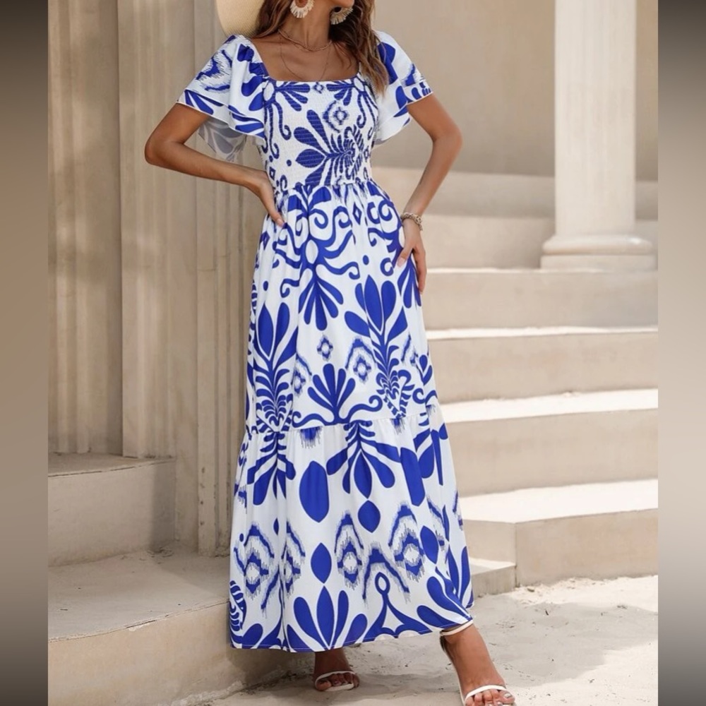 Boho Allover print shirred ruffle hem maxi dress - Picture 3 of 7